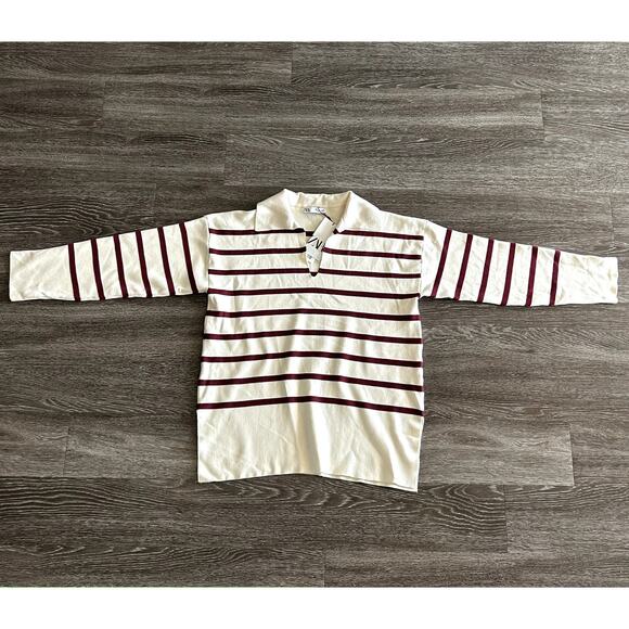 NWT Zara Oversized Striped Knit Polo Sweater Ecru Red Size Small Collared Top - Picture 13 of 16